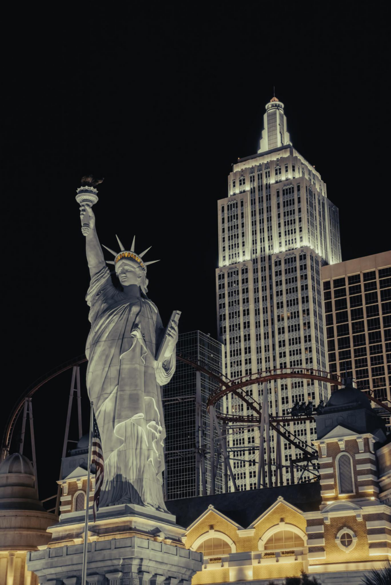 Illuminated replica of Statue of Liberty at New York-New York Hotel and Casino, Las Vegas.